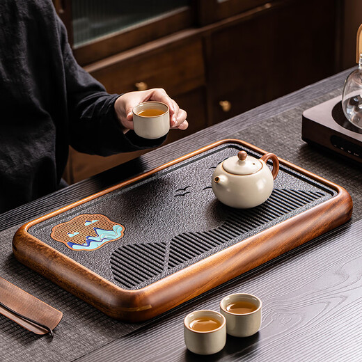 Craftsman's Tea Tray Black Gold Magnet Dry Infusion Tray Household High-end Rosewood Frame Tea Table Office Tea Set Tray Black Gold Magnet Painted Mountain Bird Walnut Tea Tray 40cm