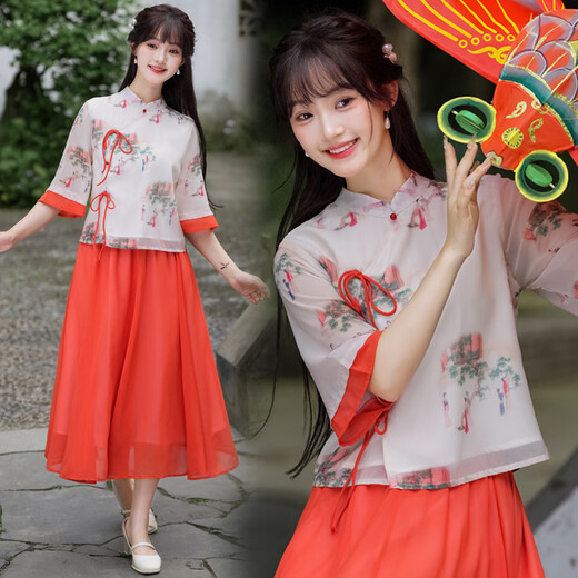 Yaoni Cheongsam Hanfu Rendimiento diario para mujeres Sección delgada 2025 Nuevo estilo chino Estilo nacional Conjunto de dos piezas con estampado de gasa literaria 9764 Lady Picture S (Peso recomendado 80-90 Jin Jin es igual a 0,5 kg)