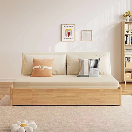 Mingfan sofa bed dual-purpose retractable bed multi-functional folding bed small apartment living room bedroom dual-purpose solid wood bed pull-out bed Khaki natural breathable fabric imported from Germany 150CM environmental protection ridge coconut palm mat