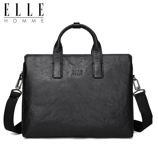ELLE HOMME Men's Business Briefcase Vegetable-tanned First-Layer Cowhide Handbag Large-Capacity Shoulder Crossbody Bag Casual Computer Bag NBEA088206411 Black