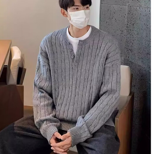 Nanzihan Autumn and Winter Korean Fashion Henley Collar Heavy Knitted Sweater Men's Twist Sweater Loose Lazy Style Warm Top Trendy Gray L