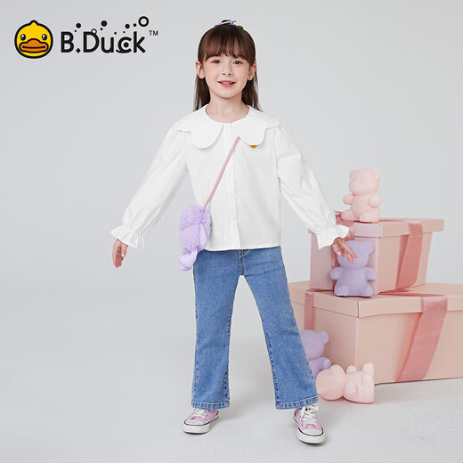 B.Duck little yellow duck children's clothing girls white shirt spring and autumn new children's cute lapel long-sleeved shirt white 105 cm