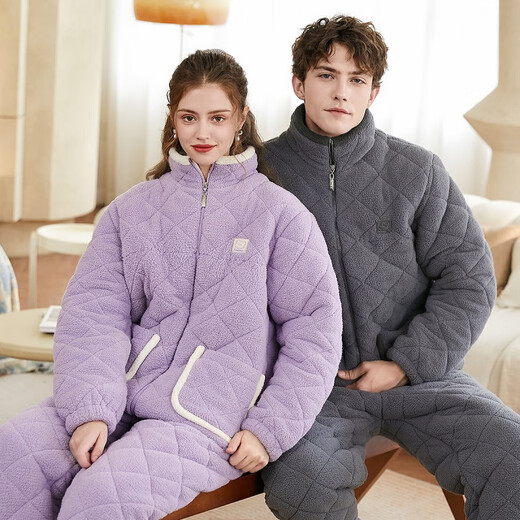 Fenton Couple Pajamas Autumn and Winter Zippered Long Sleeves Anti-static Imitation Sheep Velvet Quilted Warm Home Wear Pajamas Lavender Purple-Women's L