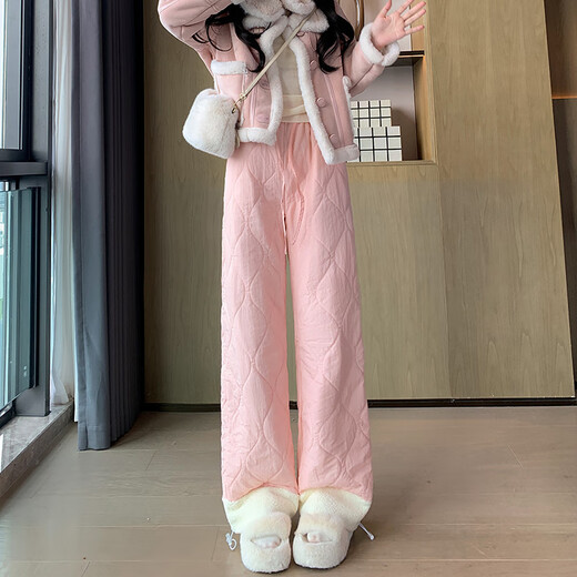 Le Cali plus fleece cotton pants women's polar fleece Northeast long pants plush straight wide leg pants autumn and winter ski casual warm pants plus fleece cotton pants pink regular L 125