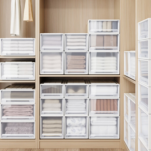 Straw Bear drawer-type storage box can be stacked for wardrobe storage, layered storage box, home clothes storage box, underwear storage box, depth 53, width 30, height 25cm, transparent white, affordable single package