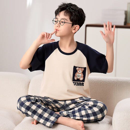 Manidor pajamas for boys summer new short-sleeved trousers for boys and girls for spring and autumn teenagers pure cotton children's air-conditioned home clothes N9902 short length 130 14 size recommended 125-135cm