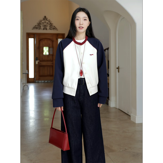 Guo Jiujiu Retro Contrast Color Embroidered Raglan Sleeves Cotton Jacket Woolen Jacket Scimitar Jeans G924T17152 Suit (Coat + Jeans) S One Size