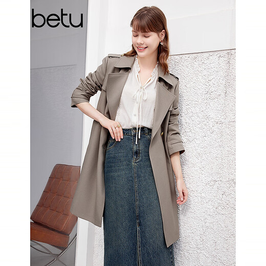 Betu nuevo cortavientos de primavera para mujer, cortavientos de longitud media con solapa delgada retro británica para mujer 2401T50 color avena M