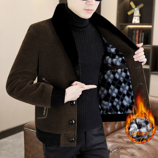 Jacket woolen coat men's youth short business casual autumn and winter velvet thickened suit collar men's woolen coat M70 brown XL recommended 120-135Jin Jin equals 0.5 kg