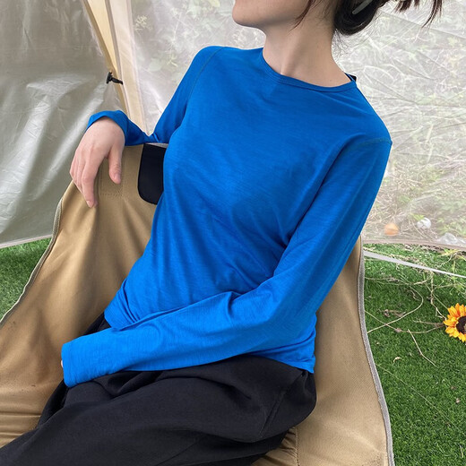 Gray Shell Merino Wool Quick-Drying Clothes Women's Merino Round Neck Long Sleeve T-Shirt Spring and Autumn Outdoor Hiking Victoria Blue 180gsm-17.5 m M(165) Recommended 100-120Jin Jin equals 0.5 kg
