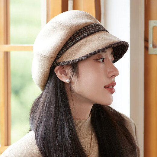 Jimmy Leaf Octagon Hat Women's Autumn and Winter Peaked Hat Season Korean Style Elegant Fashion Versatile Fashion Hat Beret British Temperament Trendy Khaki Color One Size