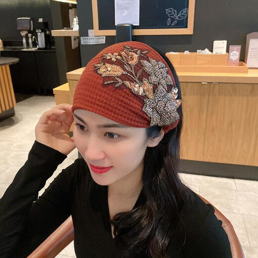 Scarf, hair accessories, woolen knitted headband, wide-brimmed autumn and winter warm headscarf for women, ear protection, headband to cover gray hair, rose-khaki color