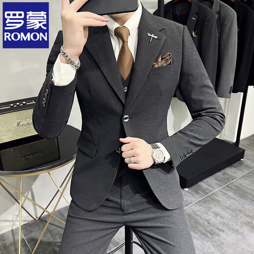 ROMON high-end commuter large size suit men's business casual suit Korean version slim suit wedding groom three-piece suit medium gray suit + trousers XL 120-132Jin Jin equals 0.5 kg