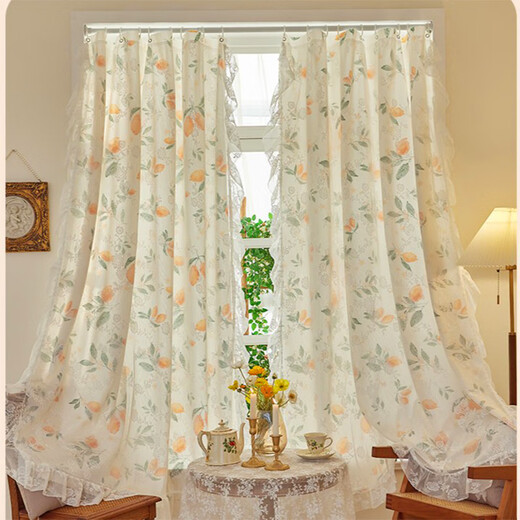 
French lace curtains, blackout curtains, light-transparent, people-free hole-punched finished curtain cloth dormitory rental house lemon flower 1.5*1.5m per piece/snap without rod