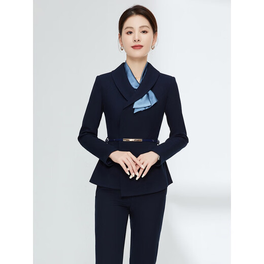 ROMON work clothes, professional suits for women, spring and autumn formal wear, hotel manager front desk jewelry store work clothes, professional suits for women, long-sleeved suit + pants (navy blue) L
