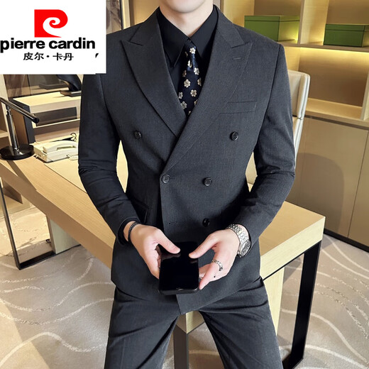 Pierre Cardin Groom Wedding Double-breasted Suit Men's Suit British Style Business Casual Formal Wear Master of Ceremony Groomsman Suit Three-piece Suit Black (Double-breasted Suit) 2XL