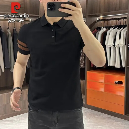 Pierre Cardin European men's short-sleeved polo shirt summer slim lapel T-shirt top business casual splicing Paul Gray XL