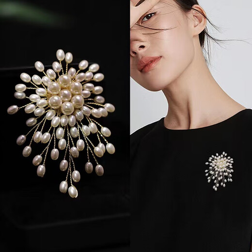 QUAMER2024 New Cluster Bead Brooch Pearl Fireworks Corsage Women's Light Luxury Temperament Suit Collection Golden Pearl Flowers (Gift Box)