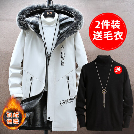 Silk windbreaker men's winter style plus velvet warm mid-length coat winter hooded loose coat men JR917 off-white + G01 white sweater XL (recommended 120-130Jin Jin equals 0.5 kg)