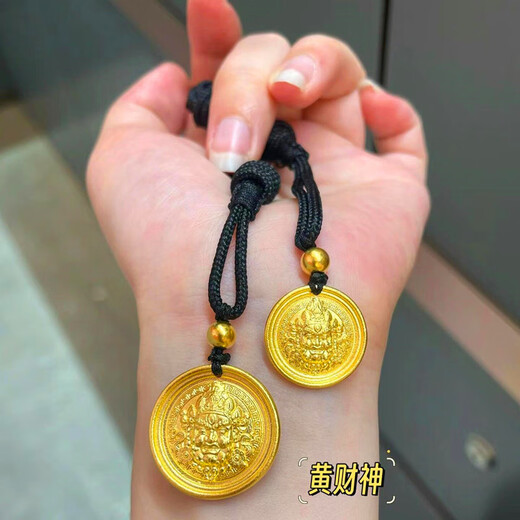 Muqian gold-coated silver-coated ancient yellow God of Wealth pendant rope for men and women, 5D gold-coated silver round brand lucky sweater chain, weighted yellow God of Wealth pendant, free black rope, gold-coated about 0.
