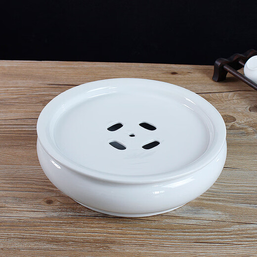Ceramic tea tray, round complete set, Chaoshan white porcelain Kung Fu tea set, drum-shaped water storage 10-inch complete set of pure white covered bowl, white porcelain 10-inch single tea tray