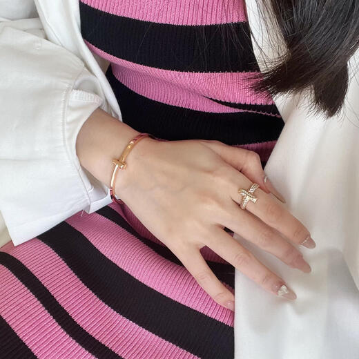 Fujiu high-end 18K gold-plated ring men's and women's open ring rose gold wedding ring couple's ring simple bracelet type A silver bracelet size 16 (wrist 14)