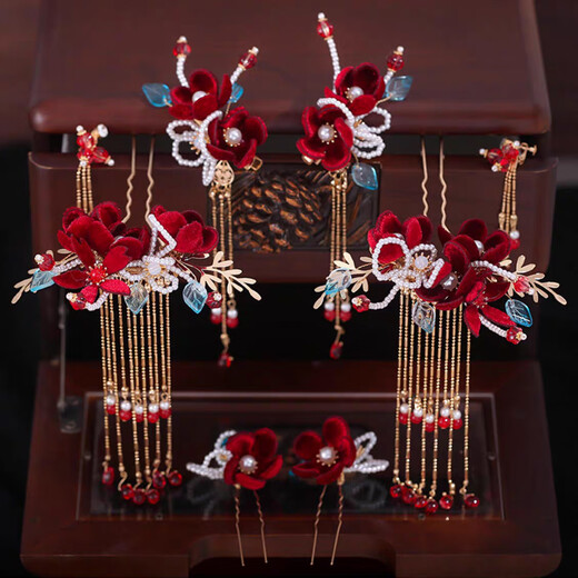 Shengli Chinese style bridal ancient costume hair accessories headdress wedding Xiuhe suit burgundy velvet flowers fresh classical wedding accessories hair accessories set