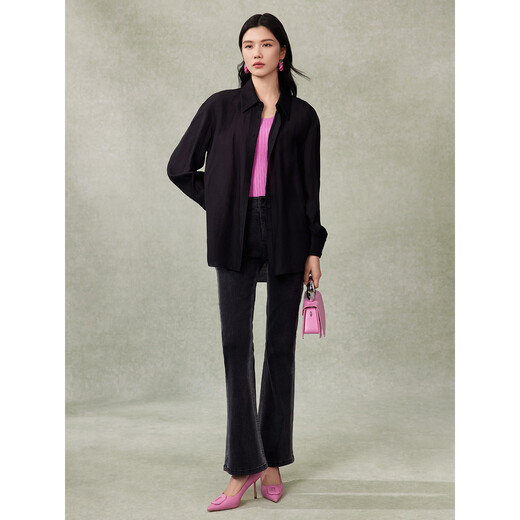 
Pink blue wardrobe 2024 spring and summer i new style silhouette ripples cloud smoke floating yarn loose long-sleeved shirt for women 5A2C983 ink black L