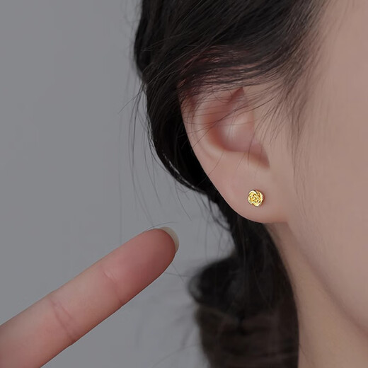 BJYLS999 Pure Silver Rose Flower Stud Earrings for Women with Ear Holes, Pure Silver Earrings, Allergy-Free, No-Pick Earrings Gift for Women, 999 Pure Silver Rose Gold (Earring Stud Type)