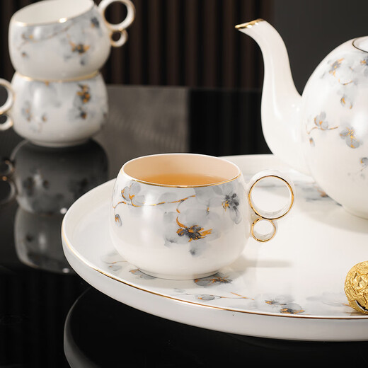 Yanze bone china rotatable water set tea set teapot teacup set opening housewarming gift light luxury high-end gift box bone china Hanmei elegant set-wooden gift box