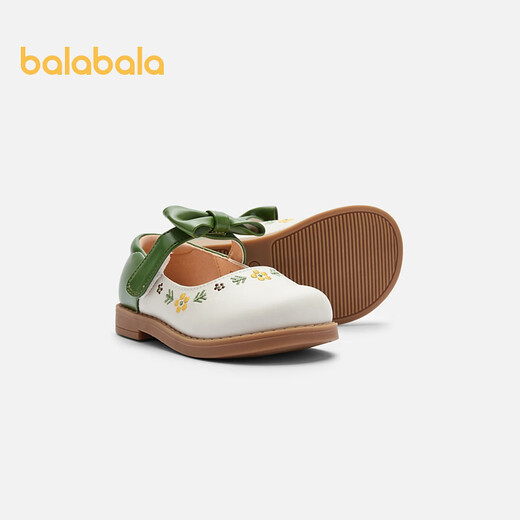 Balabala girls princess shoes children's small leather shoes artistic embroidered bow spring and autumn children's shoes baby shoes white green tone 00314 22 (foot length 13.3-13.7/inner length 14.6)