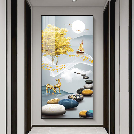 Sixpoetry entrance decorative painting modern minimalist entrance living room corridor mural landscape painting aisle high-end light luxury hanging painting wall painting Wufu Linmen (aluminum alloy frame) 80*160cm art crystal porcelain painting (bright surface)