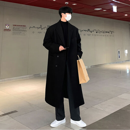 Ivansby's new winter men's woolen coat mid-length knee-high thickened woolen men's windbreaker jacket Korean style trendy and loose black (cotton version) XL