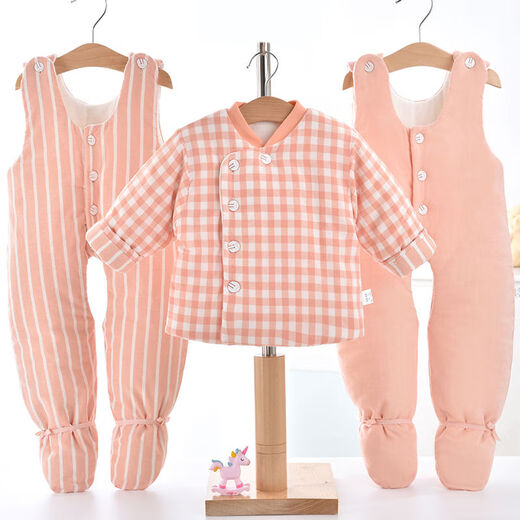 宝宝手工棉衣冬季纯棉花加厚婴儿包脚三件套套装棉袄棉裤保暖 粉色三件套露脚 66 66码2-4个月59--66cm