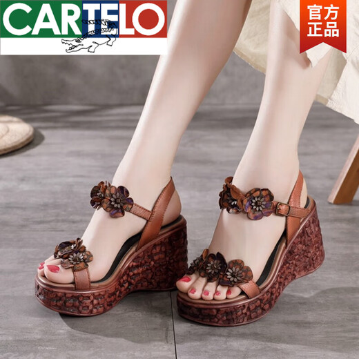 CARTELO brand ethnic style flower hollow thick-soled sandals for women to wear 2025 summer summer genuine leather retro wedge high-heeled women's shoes green 36