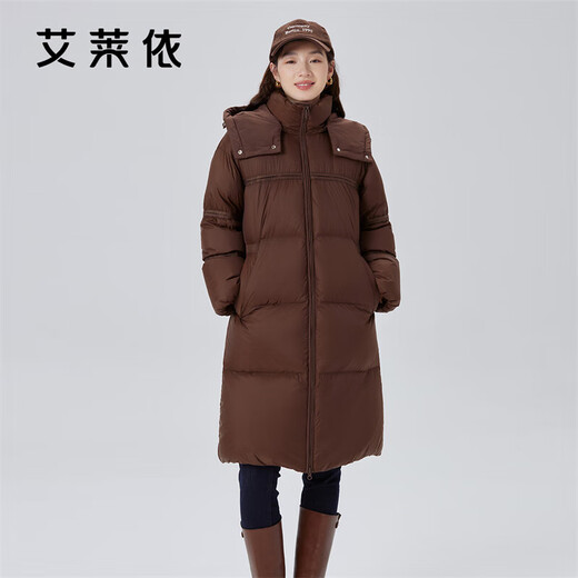 Ailai Down Jacket Women's Puff Feel Soft and Waxy Long Goose Down Hooded Korean Style Women's Jacket Winter Honey Tea Brown 155