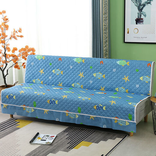 Xuxian full-cover sofa cushion foldable sofa bed cover four-season universal non-slip sofa cover simple dual-purpose without armrests small fish blue 1.8 meters long 1.5 meters wide