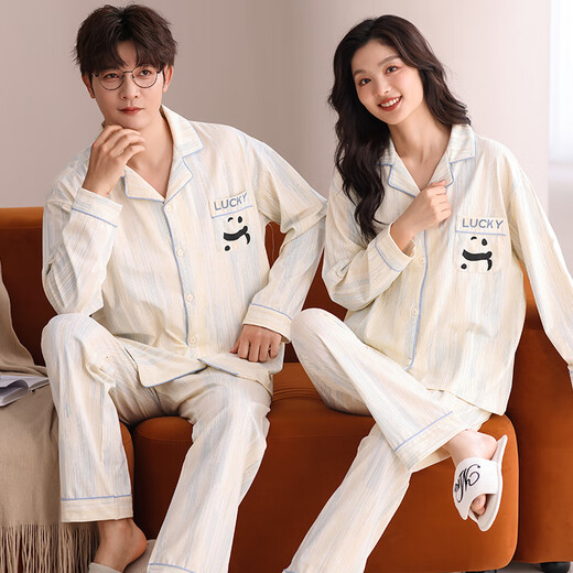 俊俊穗迪美（JUNJUNSUIDIMEI）2套价 情侣睡衣女长袖春秋季薄款纯棉卡通女士男士开衫家居服套装 长-GEY-757 M 女+男XL