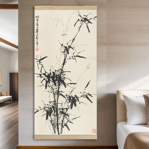 Miaobei language bamboo safe hanging painting living room entrance door bamboo wooden frame decorative painting modern ink landscape green plant hanging painting birds singing and fragrance of flowers 80*160