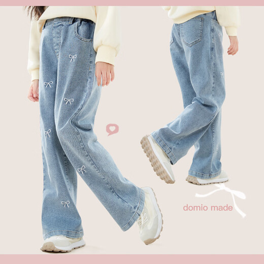 Domeowu Girls' Denim Flared Pants 25 New Autumn and Winter Children's Pants Medium and Big Children's Stretch Pants Bow Mid Blue 150