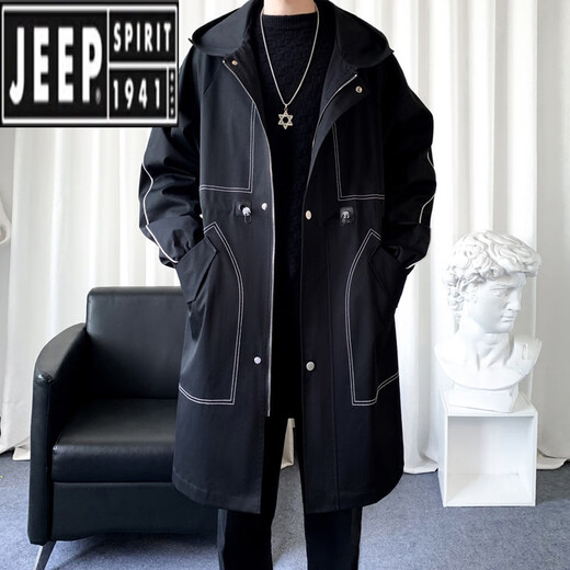 JEEP velvet thickened lamb velvet coat men's autumn and winter handsome hooded windbreaker coat mid-length jacket black velvet M