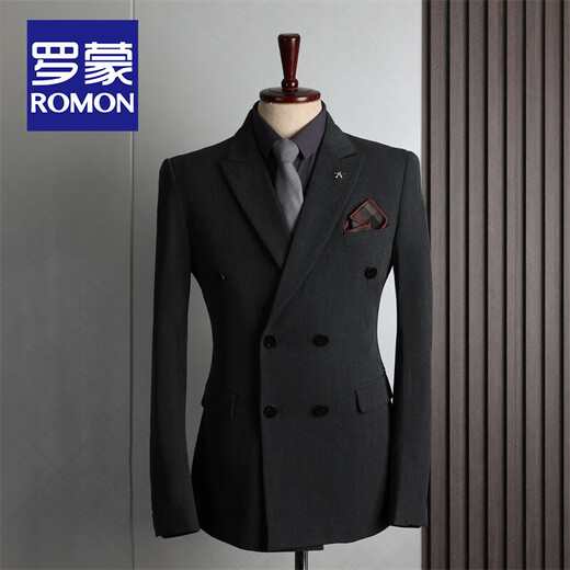 ROMON suit men's British style double-breasted business casual suit three-piece groom's wedding dress small suit men's black two-piece suit (suit + pants) 54/2XL size, free brooch + pocket square