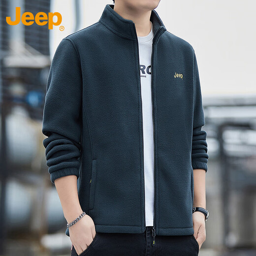 JEEP Sweater Men's Autumn and Winter Polar Fleece Thickened Warm Cardigan Jacket Men's Loose Stand Collar Men's Gray Green 2XL