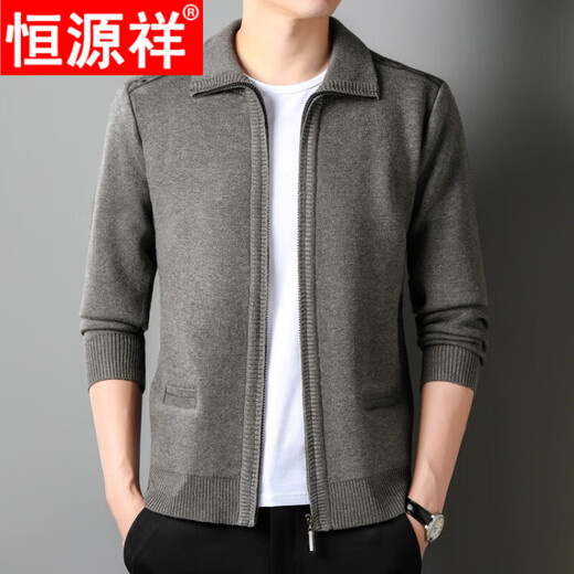 Hengyuanxiang new autumn and winter wool sweater cardigan men's thickened sweater middle-aged and elderly men's lapel wool sweater jacket dark gray 2XL
