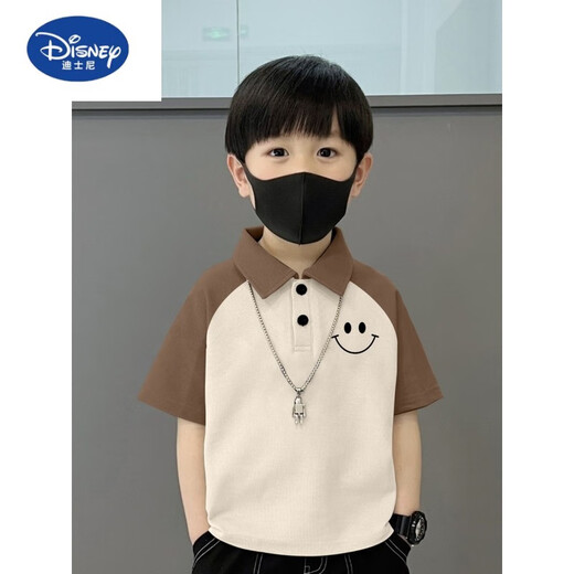 迪士尼（Disney）纯棉POLO衫短袖T恤儿童夏季新款中大童宽松拼接帅气翻领男孩上衣 674笑脸-咖杏-POLO衫纯棉品 150