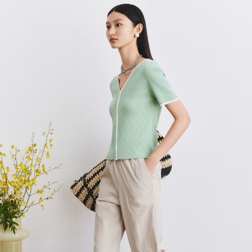 FIRSTSTATION [Same style in shopping malls] Dayajia checkerboard plain texture short-sleeved sweater for women 24 spring and summer new style 9150A green 160/80A/S