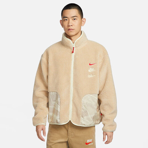 NIKE men's and women's new autumn and winter sportswear imitation sherpa stand collar casual fashion warm jacket FZ6194-126 white brown L