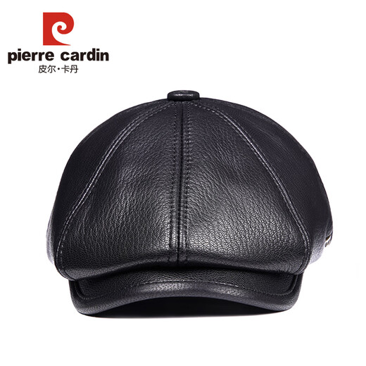 Pierre Cardin trendy goatskin casual duck cap autumn and winter middle-aged and elderly outdoor travel octagonal hat men's newsboy hat black medium size XL (57-58cm)