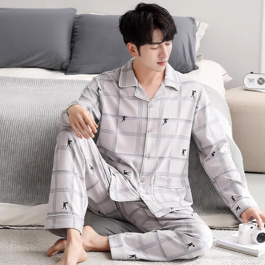 恒源祥睡衣男士春秋款棉质长袖男款2024新款大码中年爸爸夏季家居服套装 3882 (170/L码)建议穿着体重120-140斤