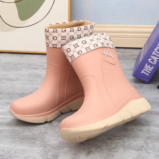 Dong Yixuan rain boots for women, thickened velvet, winter warm and waterproof cotton boots, thick soles, non-slip soft soles, one-piece mid-calf rain boots, water shoes for women, green fixed velvet (not removable), 2 sizes larger, 37